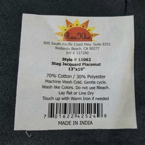 Raa Kha Stag Jacquard Woven Placemats 13" x 19", set of 6. New with Tag! - Picture 3 of 3